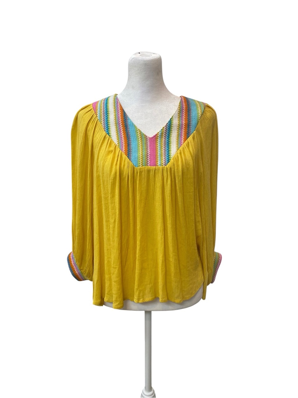 GIGIO Women's size S Sunshine Yellow V-Neck Peasant Blouse with Multicolor Trim